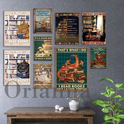 Cat Reading Book Vintage Wall Art, Cat That S What I Do I Read Books And I Know Things Canvas Poster, Loved Cats And Books Print For Home Decor ซื้อทันทีเพิ่มลงในรถเข็น