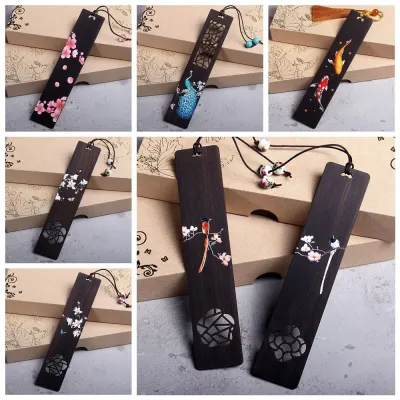 Chinese Style Wooden Color Painted Bookmark Retro Carving Ebony Book Clip Pagination Mark Creative Students Gift Learning Statio