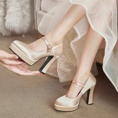 MUXUU high heel shoes for women ladies heeled sandals korean style Champagne 2021 new thick heel buckle waterproof platform bridesmaid shoes wedding Shoes Kasut Perempuan summer