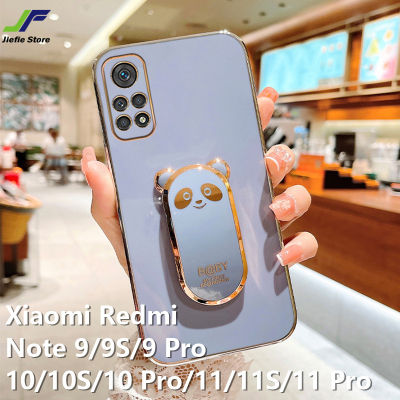 JieFie น่ารักการ์ตูนหมีกรณีโทรศัพท์สำหรับ Xiaomi R Edmi หมายเหตุ11/11วินาที/11 Pro/ หมายเหตุ10/10วินาที/10 Pro/ หมายเหตุ9/9วินาที/9 Pro โครเมี่ยมชุบเงาซิลิโคนอ่อนนุ่มเคสโทรศัพท์พร้อมขาตั้งพับได้