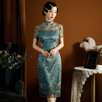 【CW】2022 New Dark Green Lady Satin Cheongsam Waist Improvement Version Daily Catwalk Photo Banquet Wear Chinese Dress Lace Cheongsam