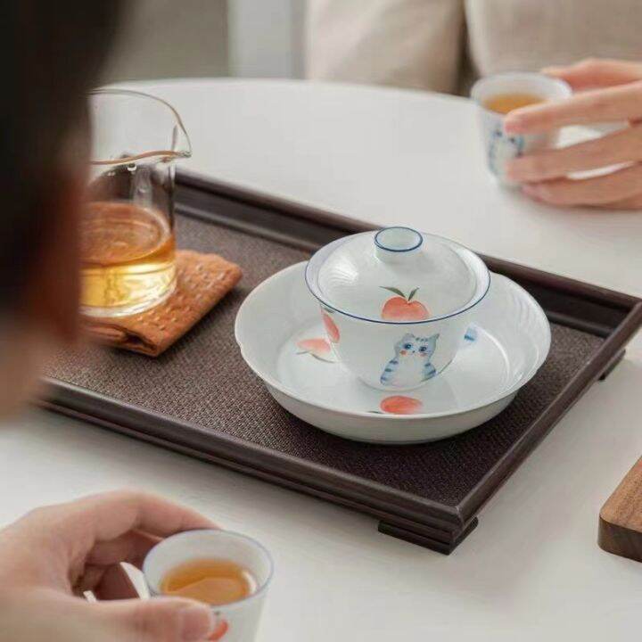 มือวาดแมวหม้ออบเซรามิกเดียว-gaiwan-หม้ออบครัวเรือนชามชงชาพอร์ซเลนสีขาวกังฟูชุดชา-gaiwan-ชุด