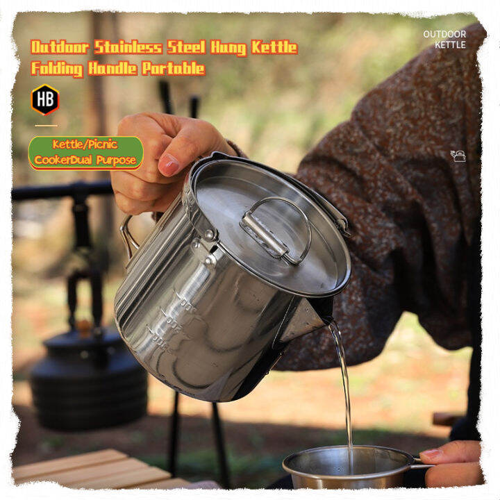 Outdoor 304 Stainless Steel Hung Kettle Folding Handle Portable Picnic Cooker Camping 1.2L