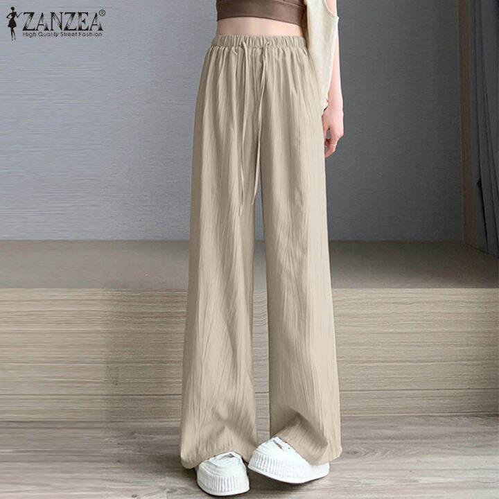 HijabFab ZANZEA Summer Women Casual Straight Wide Leg Pant Elastic Lace-Up Trousers  Elegant Solid Color Pantalon #10 #23-7