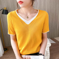Summer pure cotton short-sleeved womens V-neck fake two-piece knitted sweater color matching loose T-shirt half sleeve top