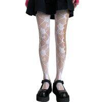 ผู้หญิง Lolita Gothic Fishnet Pantyhose Harajuku ด้านข้างสำหรับ Cross Hollow Out หลุมตาข่าย Tights Rose ดอกไม้ลวดลาย Stockin