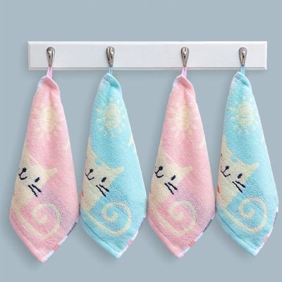 1Pc 25x25cm Small Cartoon Cat Jacquard Square Face Towel Cotton Children Soft Absorbent Wash Cloth With Hook