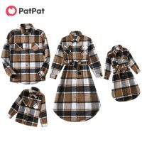 【YF】 PatPat Family Matching Outfits Long-sleeve Button Up Coffee Plaid Shirts and Dresses Sets for the