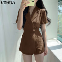 VONDA ผู้หญิงแขนสั้น Elegant Party Playsuits Lapel Collar Jumpsuits กางเกงขาสั้น Pantalon (เกาหลี Causal)