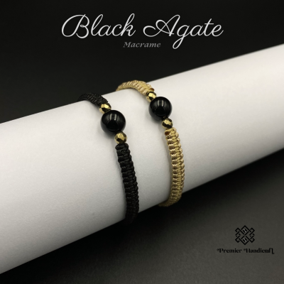 Black Agate Macrame สร้อยข้อมือหินนำโชคเชือกถัก กำไลข้อมือหินนำโชคเชือกถัก "กล้าหาญ มีเหตุผล สมดุล" Handmade Stone Bracelet เชือกถักข้อมือหินมงคล