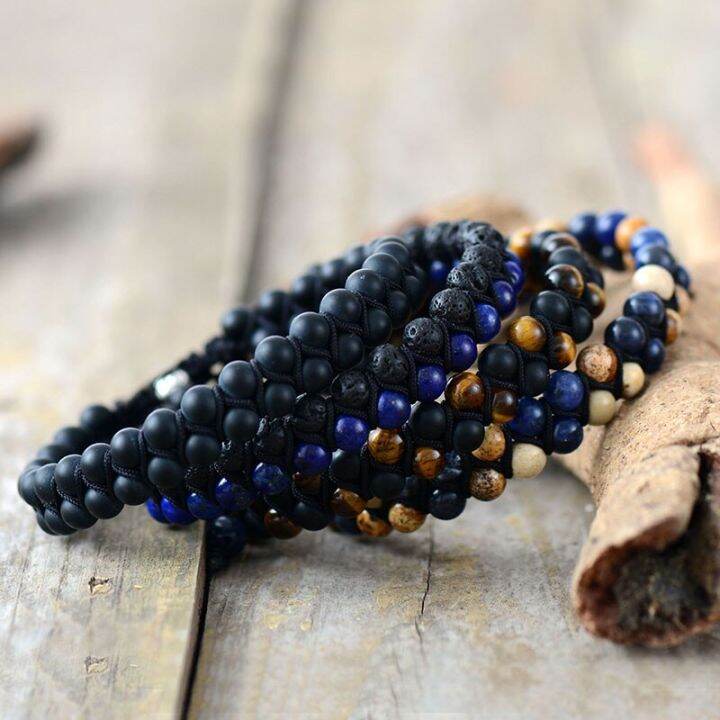 กำไลข้อมือผู้ชายตาเสือหินโอนิกซ์สีด้านสายสีดำถักกำไลมิตรภาพทำมือของขวัญแฟนหนุ่มสร้อยข้อมือมังสวิรัติพังค์