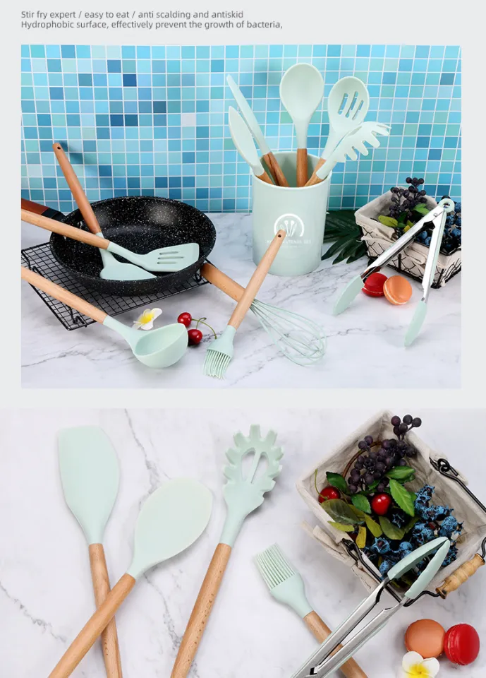 34pcs Silicone Cooking Utensils Set, 446f Heat Resistant Wooden Handle Cooking Kitchen Utensils Spatula Set with Holder for Nonstick Cookware