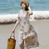 2022 Spring and Summer Large Size Cotton and Linen Printed Ethnic Style Dress Mid-length Lazy Three-quarter Sleeve Long Skirt