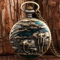 Antique Bronze Crane Elephant Animal Quartz Pocket Watch Analog Clock Round Dial Pocket with 80cm Necklace Pendant Sweater Chain