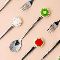 3 Pcs stainless steel spoon fruit pattern ceramic handle creative coffee spoon Korean stainless steel fork soup spoon Serving Utensils