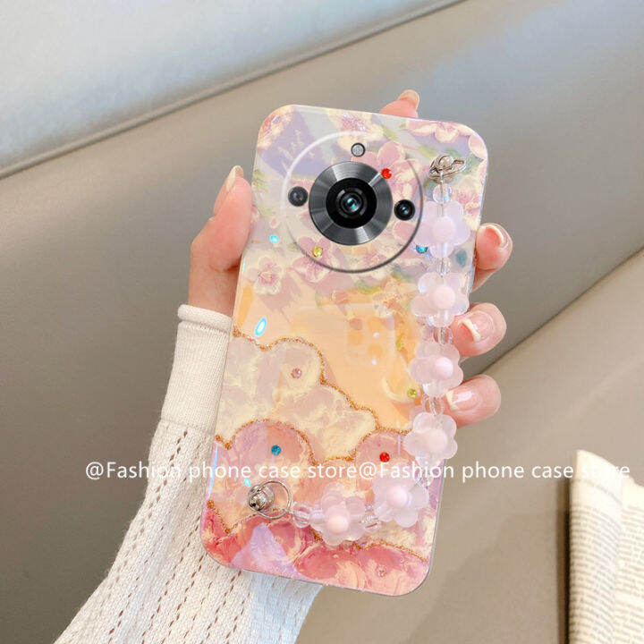 phone-case-เคส-realme11-pro-realme-11-pro-plus-5g-วินเทจเคสโทรศัพท์ภาพดอกไม้บลูเรย์เพ้นท์น้ำมัน-rhinestone-ปลอกนิ่มพร้อมสร้อยข้อมือ2023