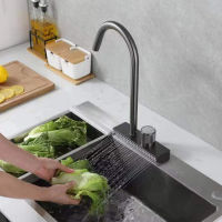 Big Waterfall Grey Kitchen Faucet Cold Hot Brass Single Hole Tap With Temperature Scale 2 Ways Water Outlet Can Rotate