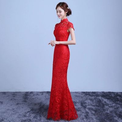 ลูกไม้สีแดงเจ้าสาวยาว Cheongsam จีนชุดโบราณ Vintage Hollow โมเดิร์นงานแต่งงานกี่เพ้า Vestido Oriental ชุดนางเงือก