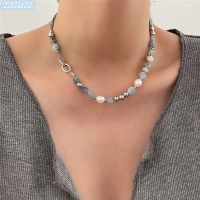 【YF】 kshmir Natural stone blue crystal necklace baroque natural freshwater pearl niche design feeling fresh clavicle chain women