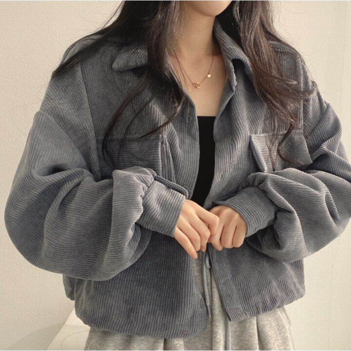 spot-korean-french-style-vintage-single-breasted-lapel-corduroy-shirt-long-sleeve-coat-female-fashion-2023