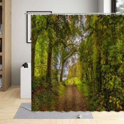 Forest Shower Curtain Country Natural Green Plant Trees Scenery Pattern Bathroom Decor Polyester Cloth Hanging Curtain Set Hooks