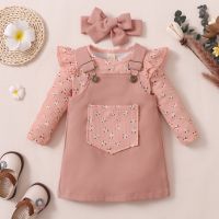 3pcs Children Baby Girl Casual Fly Sleeve Knitted Jumpsuits + Pocket Suspender Dress+  Headwear Clothes Infant Cotton Outfits  by Hs2023