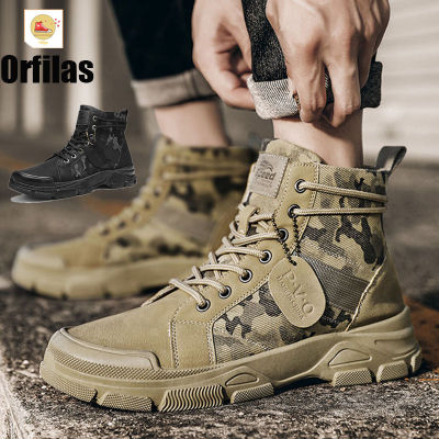 Orfilas 🍹จัดส่งที่รวดเร็ว🍹รองเท้าบูทพิมพ์ลายพรางสำหรับบุรุษในฤดูใบไม้ผลิและฤดูใบไม้ร่วง รองเท้าบูทมาร์ตินแบบลำลอง รองเท้าบูทสีนู๊ด รองเท้าบูทยุทธวิธีกลางแจ้ง