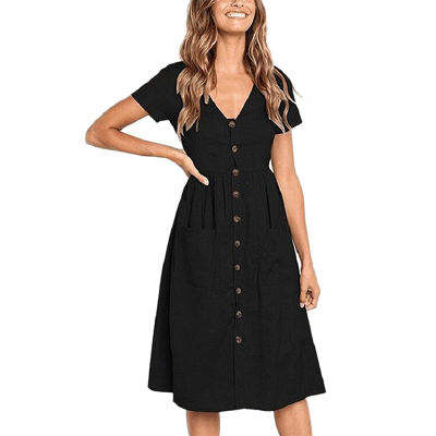 Womens Fashion Summer Shirt Dress Ladies V-Neck Pockets Button Dress Short Sleeve Elegant Dresses