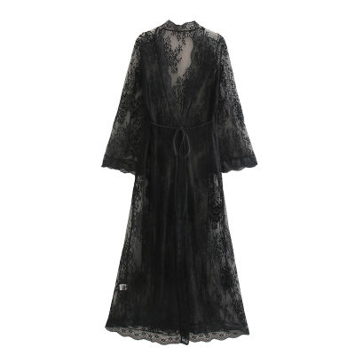 Vintage chic women bat sleeve loose beach floor length Bohemian kimono dress Ladies V neck sashes lace Summer Boho robe