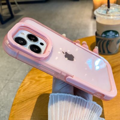 Candy Color Camera Lens Stand Clear Phone Case For iPhone 13 12 11 Pro Max 14Pro X XR XS Max Invisible Folding Holder Back Cover