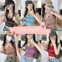 DD SHOPพร้อมส่ง 32090 เสื้อสายเดี่ยวไหมพรม ลายทางสีสันจัดเต็มต้อนรับซัมเมอร์