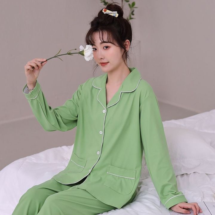 muji-high-quality-pajamas-womens-spring-and-autumn-pure-color-long-sleeved-trousers-combed-cotton-green-middle-aged-ladies-high-end-home-clothes-set-can-be-worn-outside