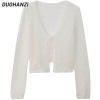 DUOHANZI Cutout ถักเสื้อกันหนาวผู้หญิงแขนยาว Sun Protection Coat 2023บางส่วนผ้าคลุมไหล่ Over Top