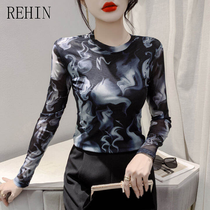 rehin-เสื้อผู้หญิงเข้ารูปแขนยาวพิมพ์ลายตาข่ายแฟชั่นสไตล์ยุโรป-เสื้อคอกลมเข้ารูปฟิตตัวยาวมาใหม่