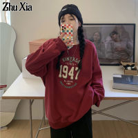 ZHUXIA ฤดูใบไม้ผลิและฤดูใบไม้ร่วงเวอร์ชั่นเกาหลีจดหมายแขนยาวพิมพ์เสื้อกันหนาวเสื้อสวมหัวสบายๆหลวมขนาดใหญ่นักเรียนรอบคอท้องครอบคลุมด้านบน