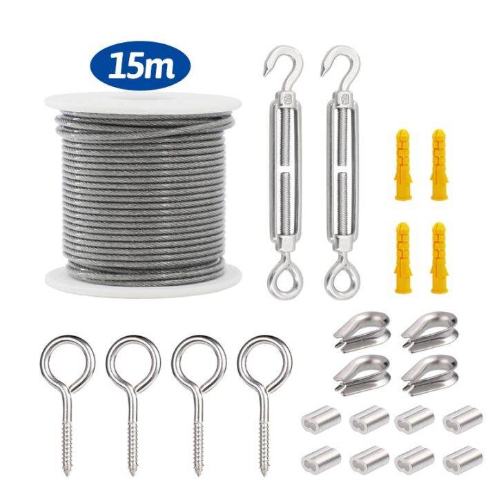 15M/20M 2Mm Wire Rope Cable Hooks Hanging Kit Flexible PVC Coated Stainless Steel Clothesline