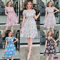 TT18007 เดรสสั้นแขนสั้น คล้องผูกคอ ลายดอกไม้ Short dress, short sleeves, halter neck, floral pattern ..