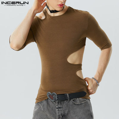 INCERUN เสื้อยืดเสื้อพูลโอเวอร์แบบแฟชั่นเข้ารูปลายฉลุสำหรับใส่สบายแขนยาวสำหรับผู้ชาย (สไตล์ตะวันตก)