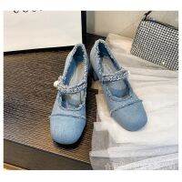 MIUMIUˉOriginal Denim Square Toe Restore Mary Jane Pearl Shoes Mid-Heel One To High Heels miumiu Women RLUB