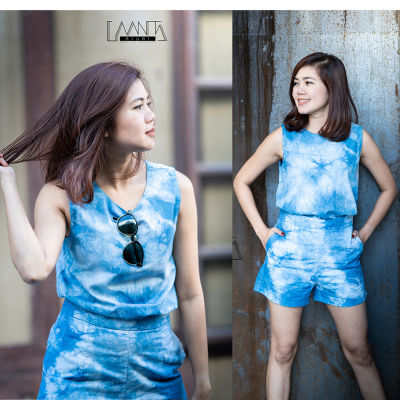 LAANTA เสื้อแขนกุด+กางเกงขาสั้น (มีจำหน่ายแยกชิ้น และ เป็นเซ็ต)  มัดย้อมคราม Indigo tie dye