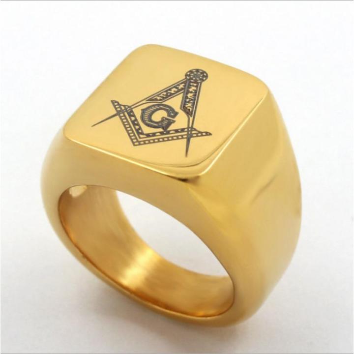 แหวนเหล็กไทเทเนียม-masonic-สีดำทองแบบแฟชั่นที่เรียบง่ายแหวนซีลของสแตนเลสสตีลผู้ชาย