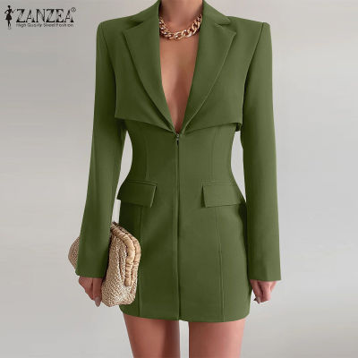 (สินค้ามาใหม่)(จัดส่งฟรี)ชุดเสื้อเบลเซอร์ผู้หญิง Fancystyle ZANZEA เสื้อแขนยาวปกสง่างามเสื้อทำงาน OL มีซิปด้านหน้าชุดกระโปรงแบบสั้นมินิ #15