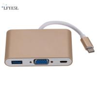 LFYE5L แท่นวางอุปกรณ์ 3 in 1 Type C HUB เป็น HDMI VGA ตัวแปลงสัญญาณ แล็ปท็อปขยาย อะแดปเตอร์ Type-C เป็น VGA แบบ3 in 1 ง่ายต่อการติดตั้ง 5กิกะบิต สำหรับเมาส์/โปรเจคเตอร์/จอภาพ/HDTV