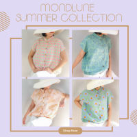 #3343 MondLune เสื้อเบลาส์คอจีน แขนสั้น  กระดุมหน้า ไหล่สโลพ ผ้าลินินพิมพ์ลาย ผ้าเนื้อดี พิมพ์ลายสวย ผ้าดีใส่สบาย