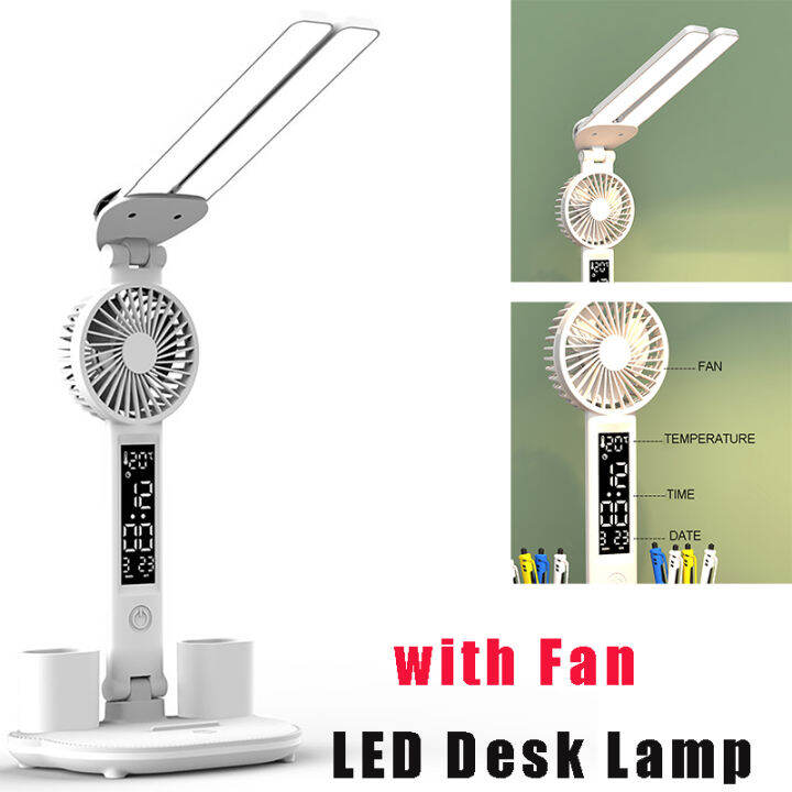 โคมไฟโต๊ะเขียนหนังสือ-led-พร้อมโคมไฟแบบพับเก็บได้สัมผัสหรี่แสงได้พัดลมยูเอสบีพร้อมที่ไฟกลางคืนนาฬิกาปฏิทินอุณหภูมิสำหรับไฟอ่านหนังสือ-pelindung-mata