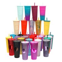 Diamond Radiant Straw Cup With Lid 710ml Personalized Cold Water Cup Tumbler With Straw Double Layer Plastic Durian Coffee Mug