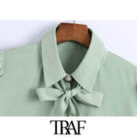 TRAF Women Fashion With Bow Tie Office Wear Blouses VIntage Puff Sleeve Button-up Female Shirts Chic Tops