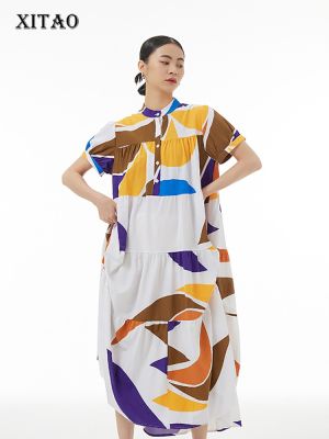 XITAO Dress Print Stand Collar Folds Loose Dress Casual Fashion Dress
