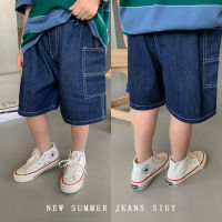 Childrens pants boys handsome bright line denim shorts baby 2023 Summer Korean style large workwear with pocket shorts