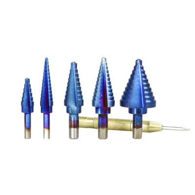 6Pcs Step Drill Bit Set Automatic Center Punch High Speed Steel Total 50 Sizes Double Cutting Blades Design with Aluminum Case